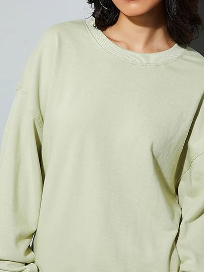 Women's Cotton Round Neck UltraNova Oversized Solid Sweatshirt for Everyday Casual Comfort