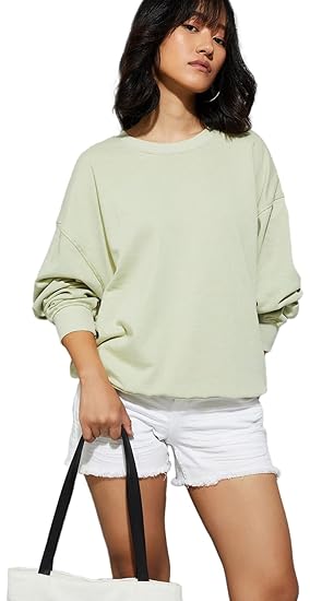 Women's Cotton Round Neck UltraNova Oversized Solid Sweatshirt for Everyday Casual Comfort