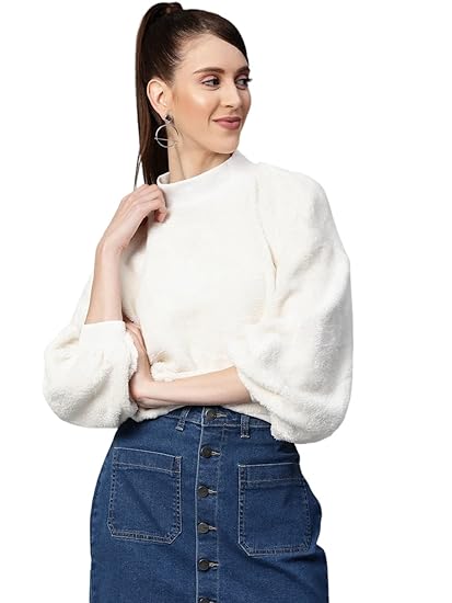 Nistia Women’s Faux Fur Sweatshirt with Cozy Fabric and Stylish Balloon Sleeves for Winter Fashion